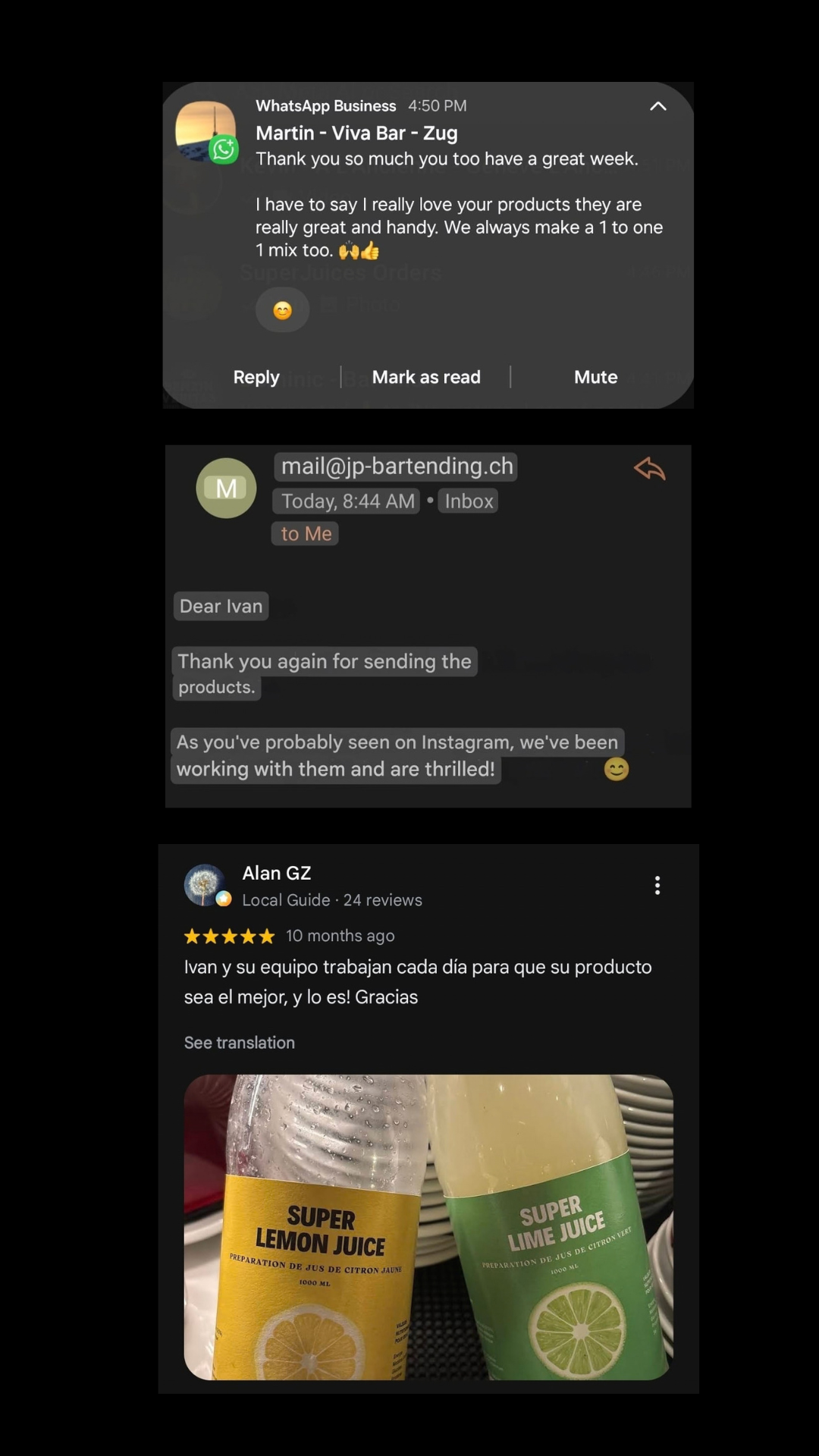 Original customer messages from Martin, JP Bartending and Alan GZ